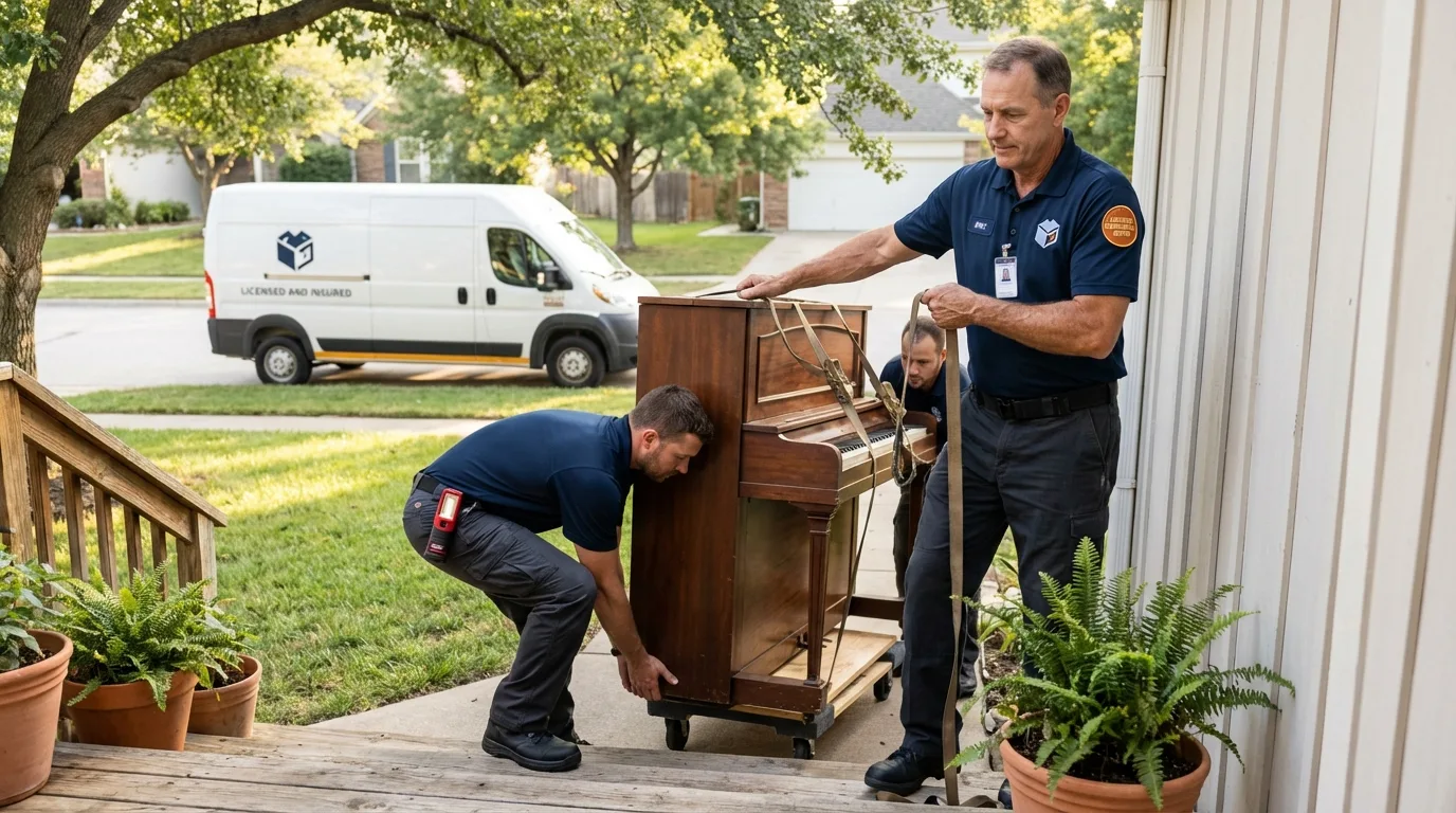 Licensed piano movers securing grand piano in Rockville, MD