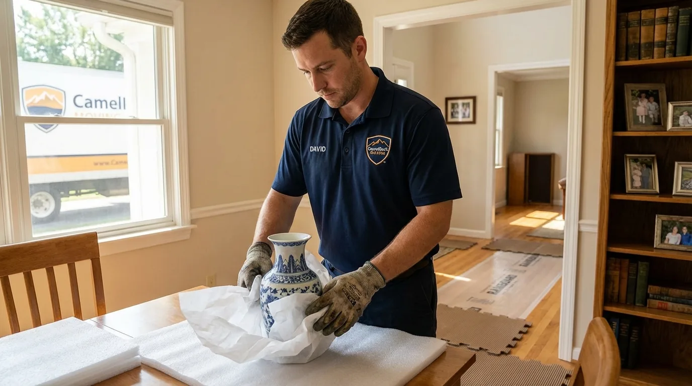 Professional crew carefully wrapping antique vase for senior downsizing move in Rockville, MD